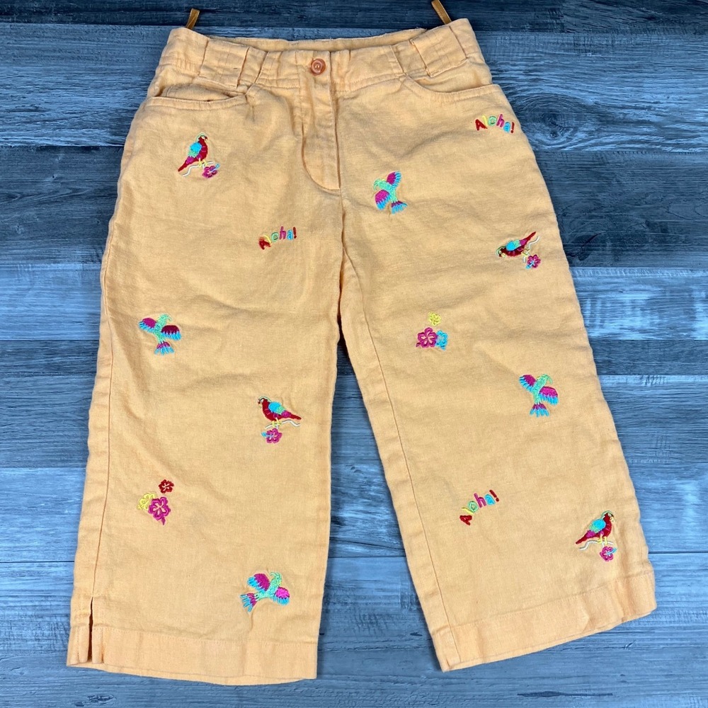 Lydia Jane Girls Orange 100% Linen Embroidered Aloha Parrot Pants Size 7